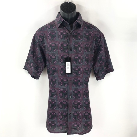 Bassiri Men's Shirt Black Pink Gray Causal Button Front Microfiber Size Small - Picture 1 of 2